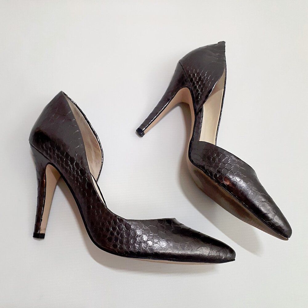 BCBG GENERATION Conchetta D'Orsay Cutout Heels in Gunmetal Gray Snakeskin